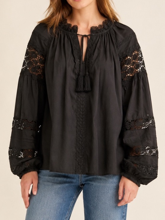 En Saison Tops - En Saison Black Lace Inset Peasant Blouse Balloon Sleeve